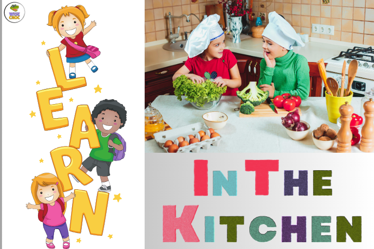 Two Kids are cooking in the kitchen and learning new words copy