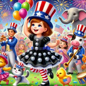 A vibrant 4th of July celebration scene featuring Miss Mary Mack, a young girl wearing a black dress with shiny silver buttons, joyfully celebrating