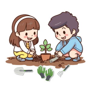 Animated kids doing gardening with Kid’s Gardening Kit