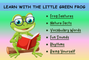 A green animated little green frog sitting on branch of tree holding a red colour book in his hands and reading. There are few points written in the right side on learning benefits from the little green frog kid's song.