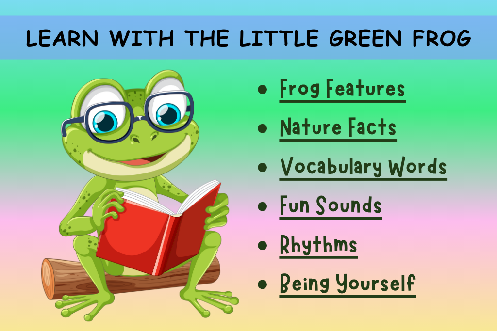 A green animated little green frog sitting on branch of tree holding a red colour book in his hands and reading. There are few points written in the right side on learning benefits from the little green frog kid's song.