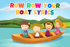 Animated kids enjoying in wooden boat in the river. Background have mountains and clear blue sky and singing row row your boat song