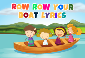 Animated kids enjoying in wooden boat in the river. Background have mountains and clear blue sky and singing row row your boat song