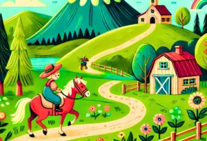 A cheerful and colorful illustration of a classic kids’ song scene inspired by 'She'll Be Coming Round the Mountain.' Show a lively countryside with mountains.