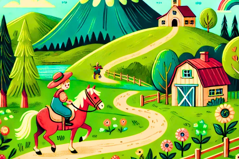 A cheerful and colorful illustration of a classic kids’ song scene inspired by 'She'll Be Coming Round the Mountain.' Show a lively countryside with mountains.