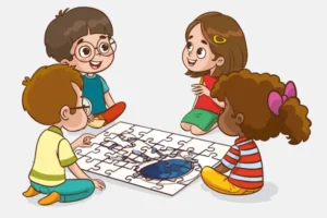 illustration of kids that playing puzzle game together.