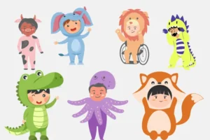 illustration of different kids that playing the role of different animals.