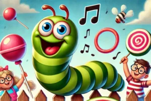 An illustration of a playful, colorful scene featuring Herman the Worm, a cartoon-style worm with a big smile, sitting on a fencepost.