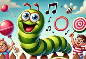 An illustration of a playful, colorful scene featuring Herman the Worm, a cartoon-style worm with a big smile, sitting on a fencepost.