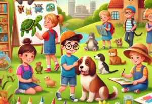 A vibrant and engaging illustration showcasing various creative animal activities for children. The scene includes a diverse group of kids interacting.