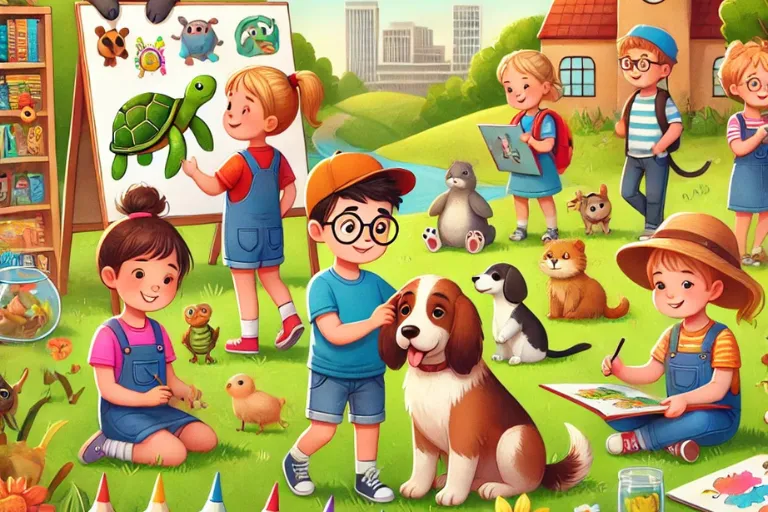 A vibrant and engaging illustration showcasing various creative animal activities for children. The scene includes a diverse group of kids interacting.