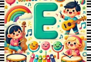 A colorful playful illustration featuring various musical instruments that start with the letter E for young kids.