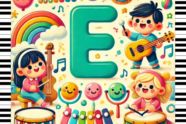 A colorful playful illustration featuring various musical instruments that start with the letter E for young kids.