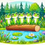 A colorful and playful illustration featuring exactly five speckled frogs sitting on a log over a pond.