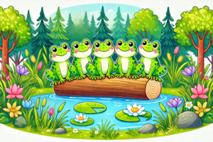 A colorful and playful illustration featuring exactly five speckled frogs sitting on a log over a pond.