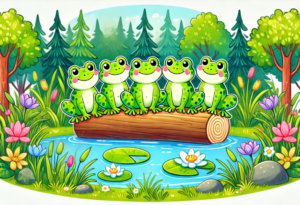 A colorful and playful illustration featuring exactly five speckled frogs sitting on a log over a pond.