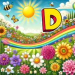 A vibrant and cheerful landscape illustration of various flowers starting with the letter 'D,' such as daisies, dahlias, and daffodils.