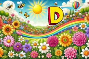 A vibrant and cheerful landscape illustration of various flowers starting with the letter 'D,' such as daisies, dahlias, and daffodils.