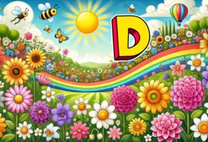 A vibrant and cheerful landscape illustration of various flowers starting with the letter 'D,' such as daisies, dahlias, and daffodils.