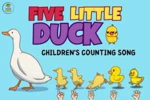 Illustration of a mother duck leading her five ducklings in a line, set against a light blue background, with the text 'Five Little Ducks children's counting song' prominently displayed.