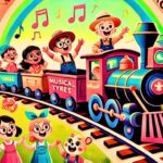 a cheerful animated railway scene with kids having fun