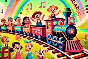 a cheerful animated railway scene with kids having fun