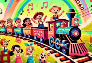 a cheerful animated railway scene with kids having fun